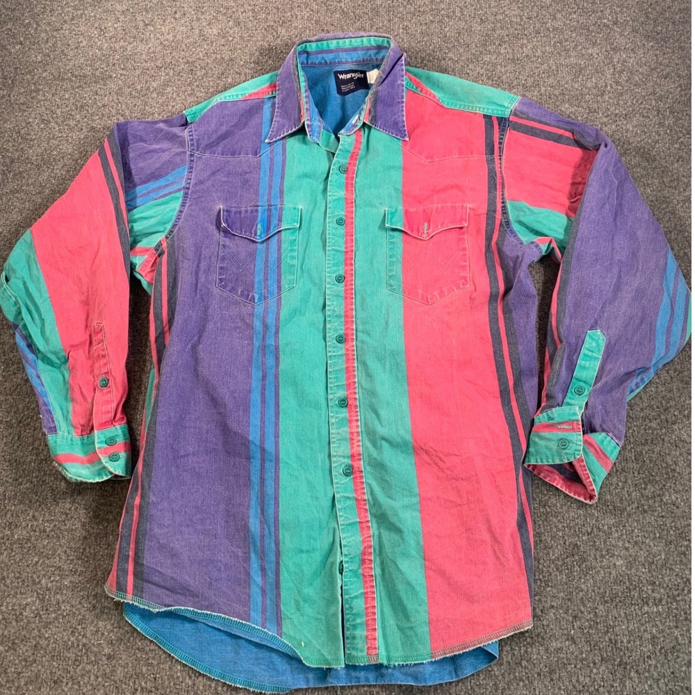 Vintage Wrangler Shirt Bushpopper Mens Western 17x35 Striped Purple Teal Pink